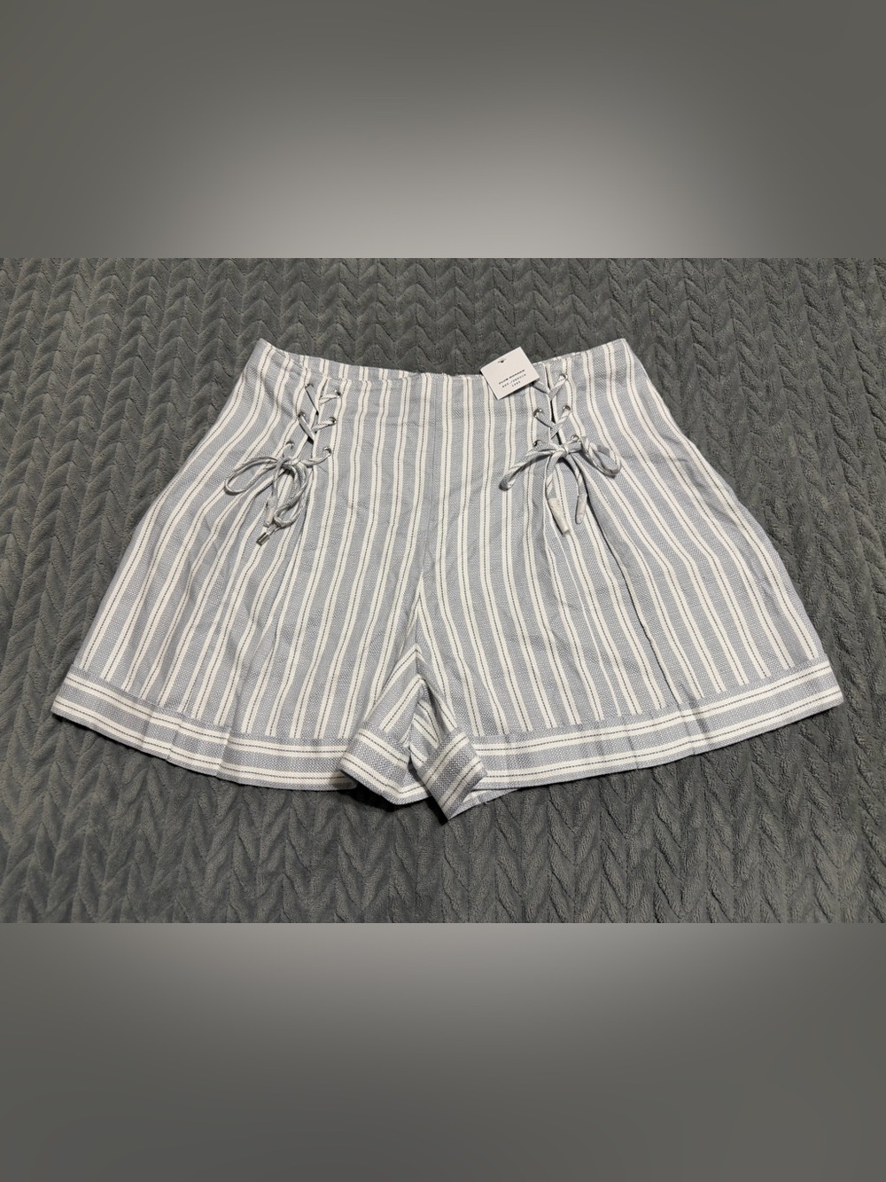 Club Monaco Striped Lace-Up High Waist Shorts in Light Blue and White